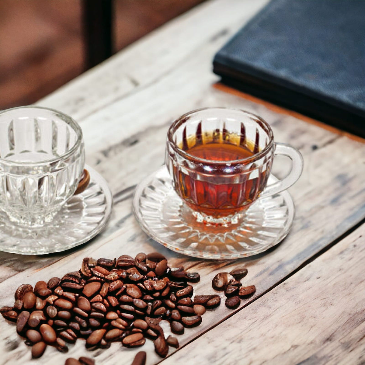 Set 6 cesti cafea ceai din sticla cu farfurii Manila Kaveh sticla 200 ml