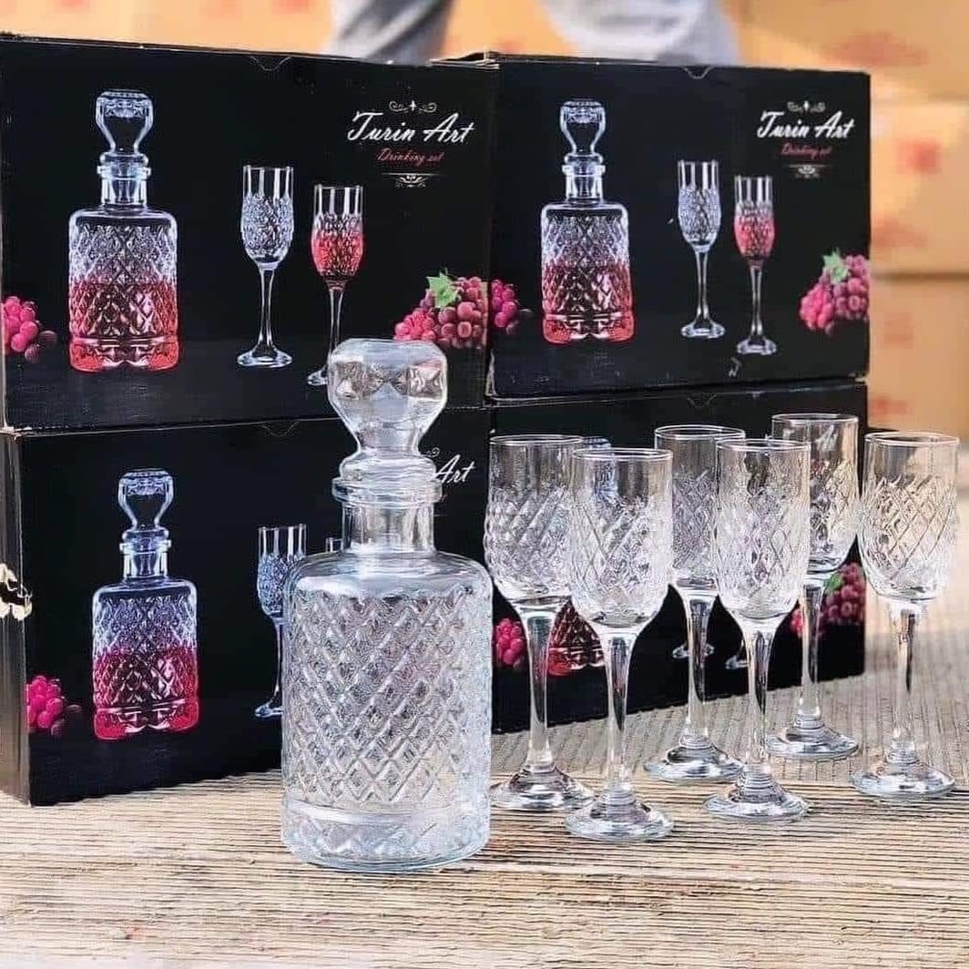 Set 6 pahare sticla 200 ml cu Decantor pentru bauturi 1,2 litri setul de 6 pahare din sticla pentru șampanie vin 200 ml petreceri in curte pe terasa Cadoul perfect