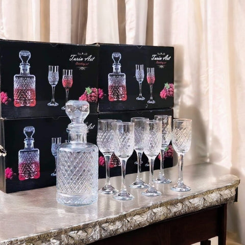 Set 6 pahare sticla 200 ml cu Decantor pentru bauturi 1,2 litri setul de 6 pahare din sticla pentru șampanie vin 200 ml petreceri in curte pe terasa Cadoul perfect