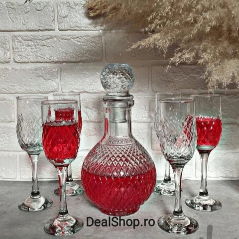 Set 6 pahare sticla 200 ml cu Decantor Rotund pentru bauturi 1,2 litri ideal pt terasa curte