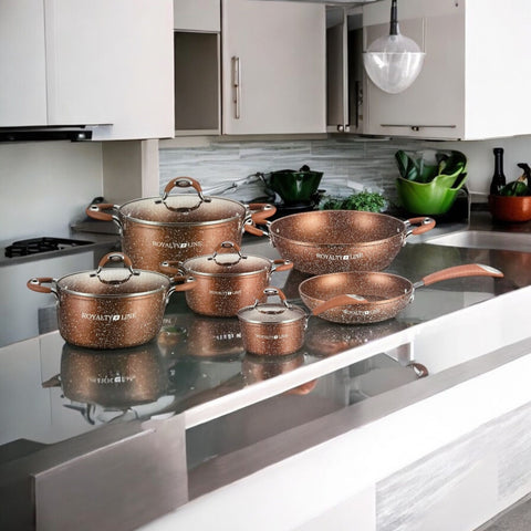 Set Cratite si tigaie marmorate cu capace 10 piese Royalty Line RL-5010 BRW Maro