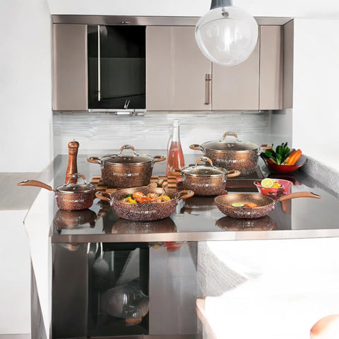 Set Cratite si tigaie marmorate cu capace 10 piese Royalty Line RL-5010 BRW Maro