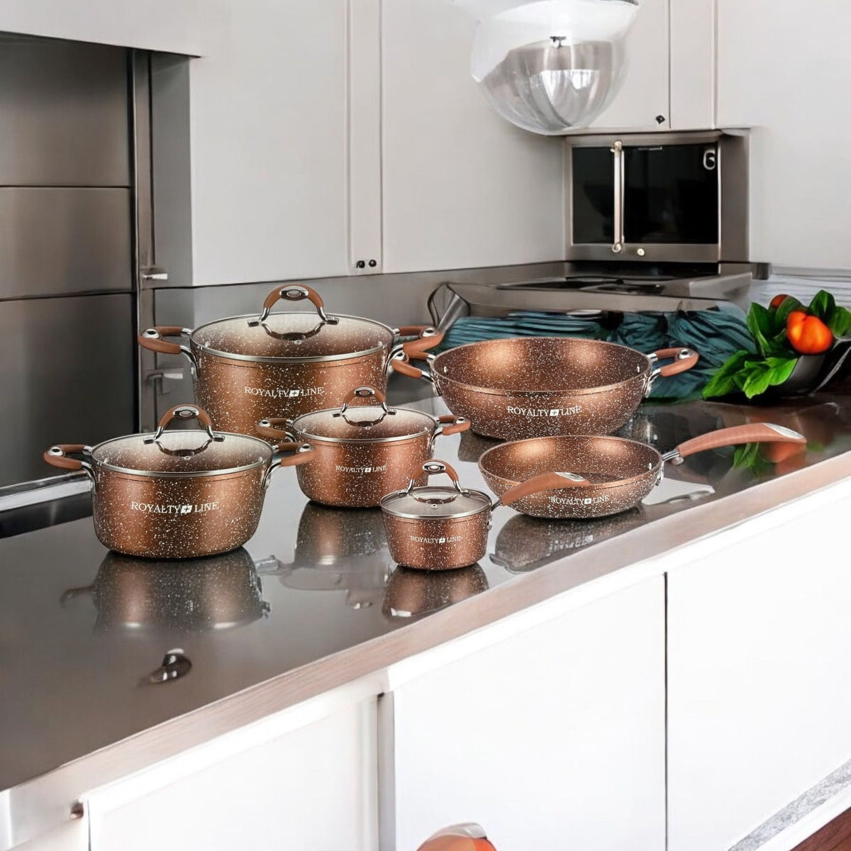 Set Cratite si tigaie marmorate cu capace 10 piese Royalty Line RL-5010 BRW Maro