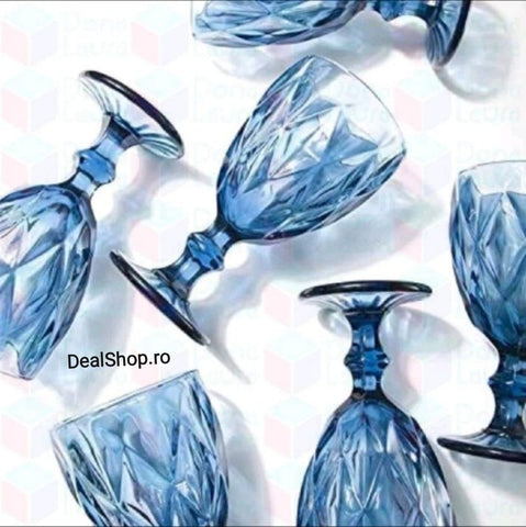Set 6 Pahare cu Picior din Sticla 250 ml Blue Eleganta pentru Terasă piscina și Evenimente CADOUL PERFECT