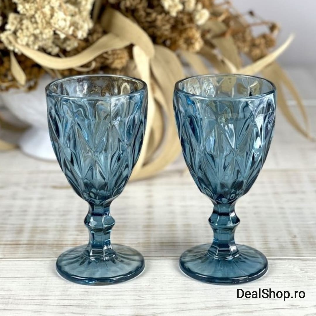 Set 6 Pahare cu Picior din Sticla 250 ml Blue Eleganta pentru Terasă piscina și Evenimente CADOUL PERFECT