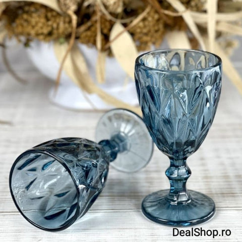 Set 6 Pahare cu Picior din Sticla 250 ml Blue Eleganta pentru Terasă piscina și Evenimente CADOUL PERFECT