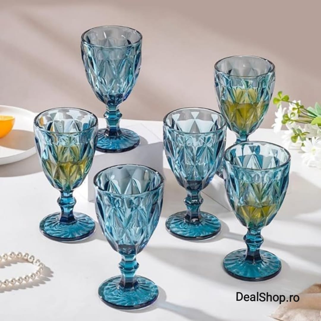 Set de 6 pahare din sticla cu picior 350 ml blue terasa piscina evenimente CADOUL PERFECT