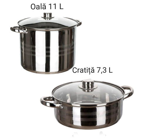 Oala Inox 11 litri si Cratita 7,3 litri cu capac Fund Multistrat Royalty Line Premium + Set 6 Lavete Multifunctionale Cadou