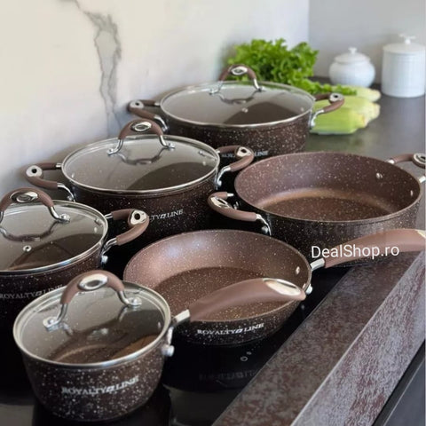 Set Cratite si tigaie marmorate cu capace 10 piese Royalty Line RL-5010 BRW Maro