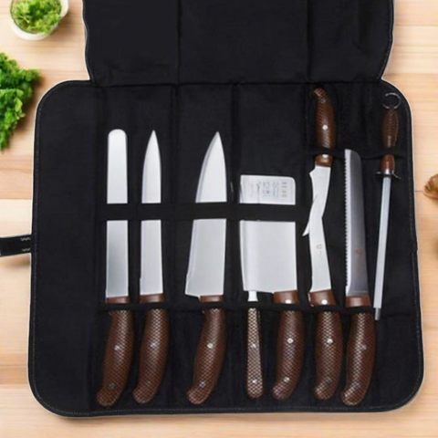 Set profesional de cutite si ustensile cu husa de transportare neagra Royalty Line, RL-K9C otel inoxidabil manere maro, 10 piese