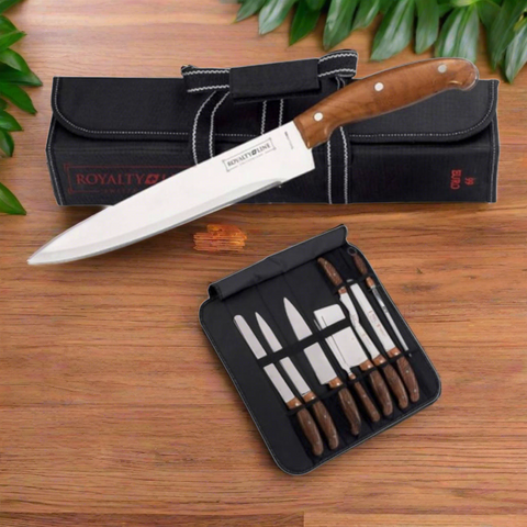 Set profesional de cutite si ustensile cu husa de transportare neagra Royalty Line, RL-K9C otel inoxidabil manere maro, 10 piese
