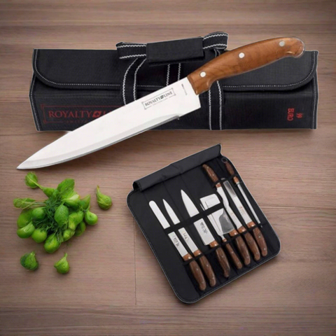 Set profesional de cutite si ustensile cu husa de transportare neagra Royalty Line, RL-K9C otel inoxidabil manere maro, 10 piese