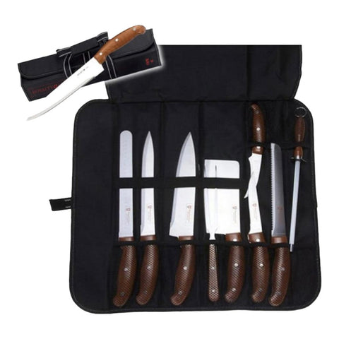 Set profesional de cutite si ustensile cu husa de transportare neagra Royalty Line, RL-K9C otel inoxidabil manere maro, 10 piese