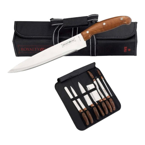 Set profesional de cutite si ustensile cu husa de transportare neagra Royalty Line, RL-K9C otel inoxidabil manere maro, 10 piese