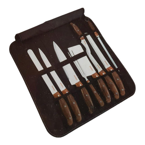 Set profesional de cutite si ustensile cu husa de transportare neagra Royalty Line, RL-K9C otel inoxidabil manere maro, 10 piese