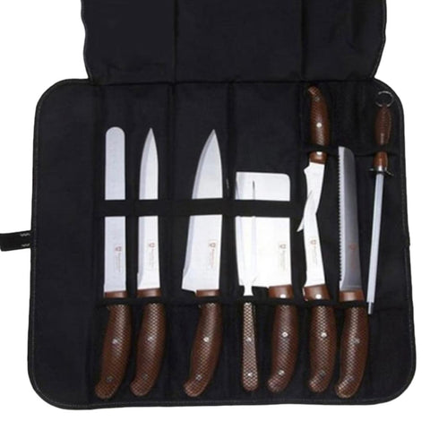 Set profesional de cutite si ustensile cu husa de transportare neagra Royalty Line, RL-K9C otel inoxidabil manere maro, 10 piese
