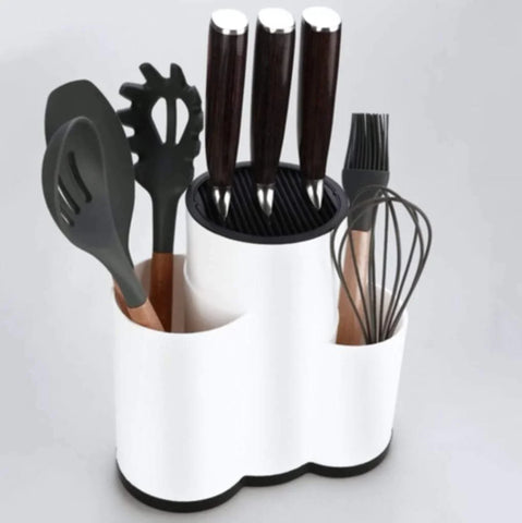 Suport pentru cutite si ustensile bucatarie plastic alb 23x12x22 cm