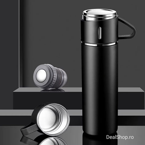 Termos, inchidere etansa, inox, 500 ml, 1 x termos cu capac tip cana, 2 x cani, Negru