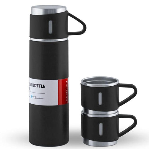 Termos, inchidere etansa, inox, 500 ml, 1 x termos cu capac tip cana, 2 x cani, Negru