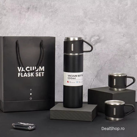 Termos, inchidere etansa, inox, 500 ml, 1 x termos cu capac tip cana, 2 x cani, Negru