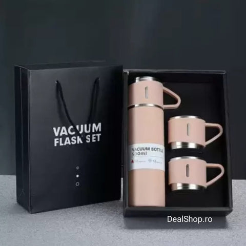 Termos, inchidere etansa, inox, 500 ml, 1 x termos cu capac tip cana 2 x cani ROZ