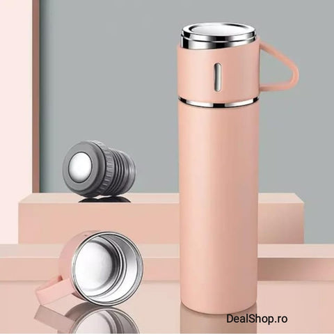 Termos, inchidere etansa, inox, 500 ml, 1 x termos cu capac tip cana 2 x cani ROZ