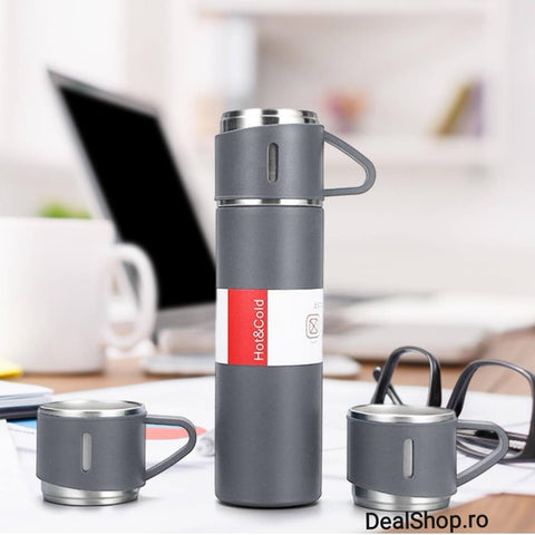 Termos inchidere etansa inox, 500 ml 1 x termos cu capac tip cana, 2 x cani, GRI INCHIS