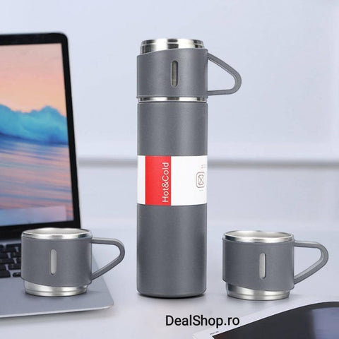 Termos inchidere etansa inox, 500 ml 1 x termos cu capac tip cana, 2 x cani, GRI INCHIS