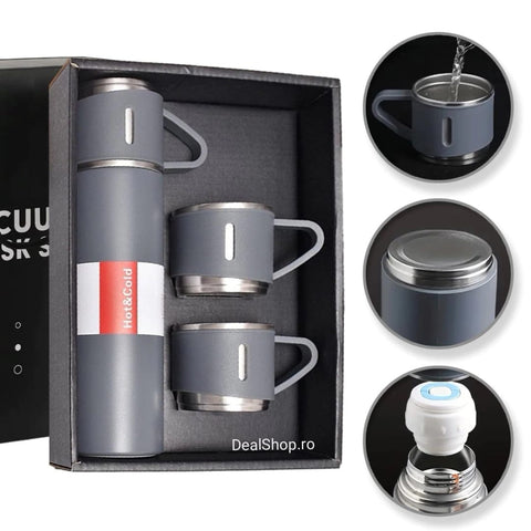 Termos inchidere etansa inox, 500 ml 1 x termos cu capac tip cana, 2 x cani, GRI INCHIS