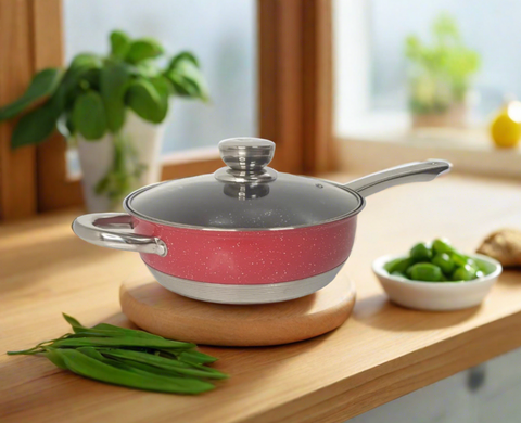 Tigaie 3.4 litri inox cu invelis marmura fund multistrat cu capac din sticlă Royalty Line 24 cm Red