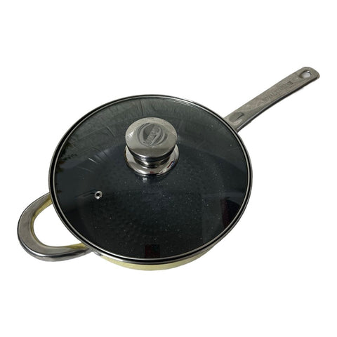Tigaie inox 24 cm cu interior de marmura si capac, Royalty Line, Crem