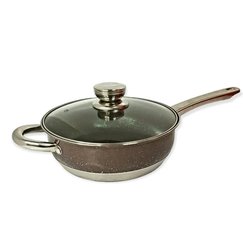 Tigaie 3.4 litri interior marmura și fund multistrat 24 cm cu capac din sticla Brown Ideala pentru Gatit Sănătos
